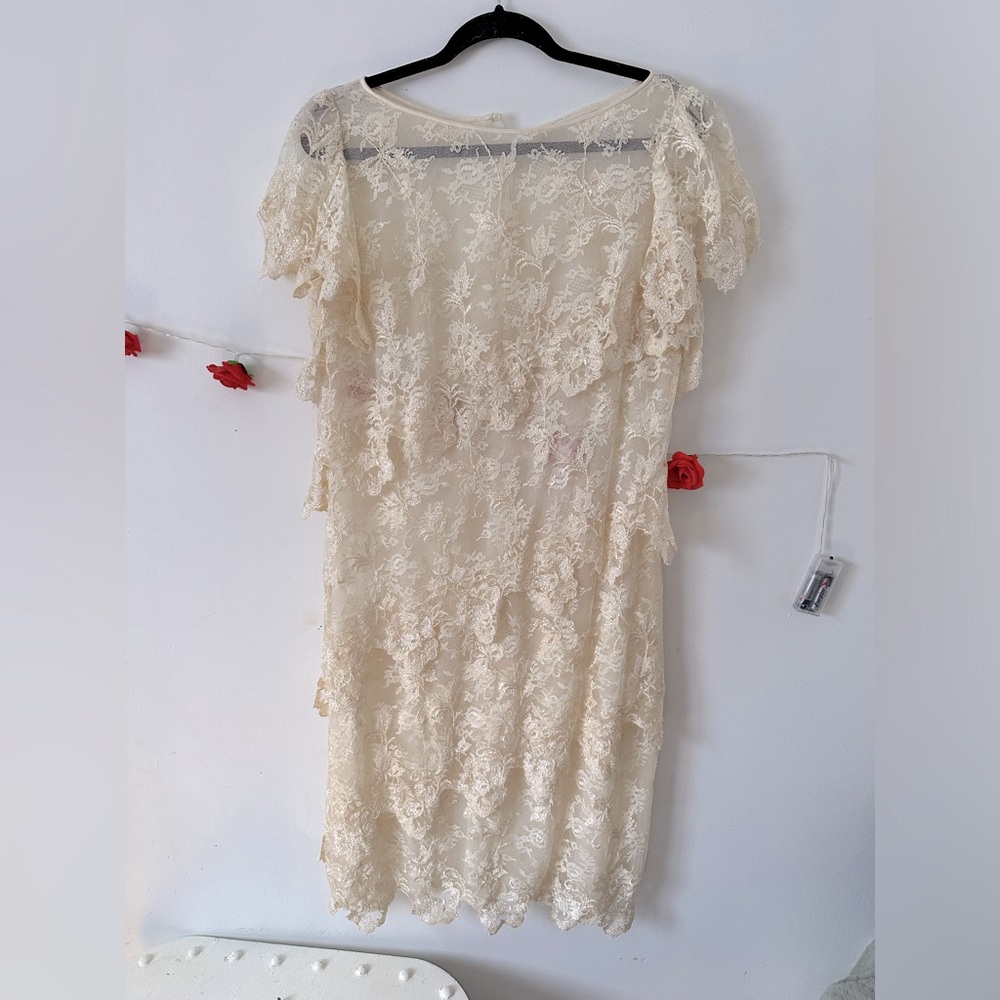 Vintage Cream Lace Ruffle Dress M L - Picture 2 of 10
